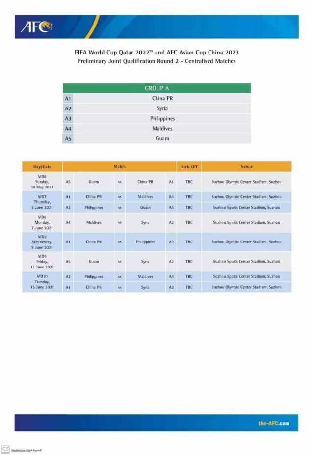 开云APP-亚足联公布40强赛最终赛程 国足5月30日战关岛队